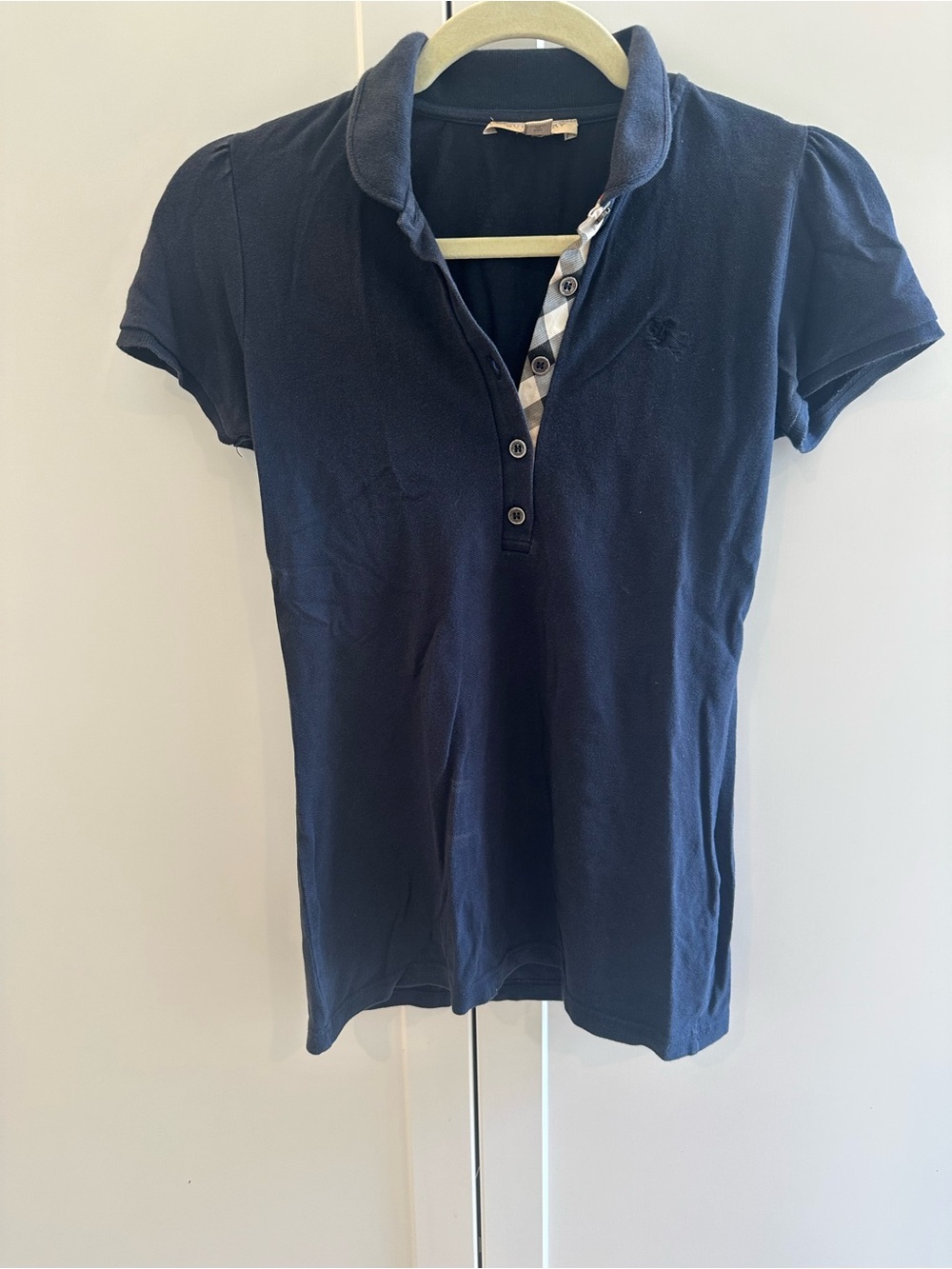 Burberry women’s Navy Short Sleeve Polo Top with Check Trim